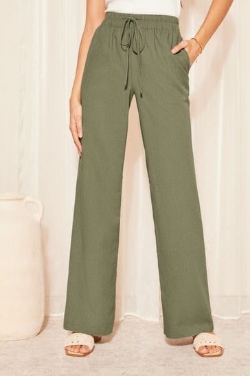 Friends Like These Khaki Green Khaki Green Wide Leg Trousers Co Ord with Linen