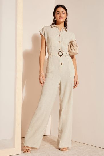 Friends Like These Cream Petite Short Sleeve Button Through Tailored Jumpsuit with Linen