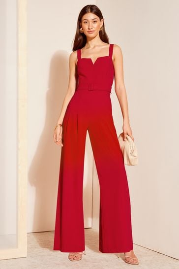 Friends Like These Red Twill Strappy Belted Wide Leg Jumpsuit
