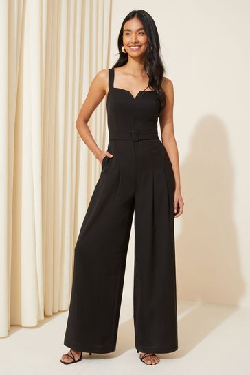 Friends Like These Black Twill Strappy Belted Wide Leg Jumpsuit