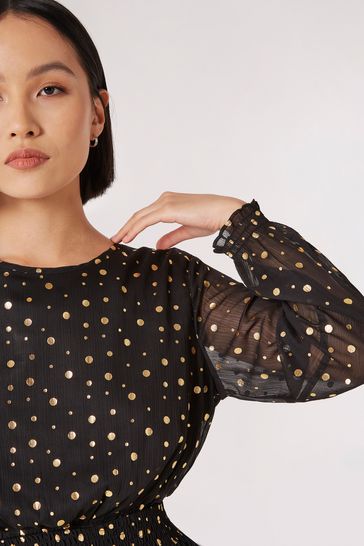 Buy Apricot Black Gold Foil Spot Chiffon Dress from Next Ireland