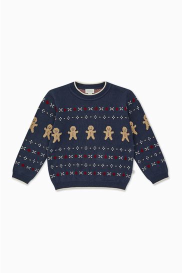 MORI Blue Organic Cotton Gingerbread Knitted Christmas Jumper