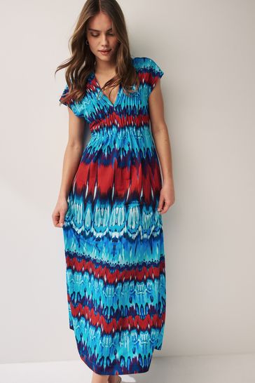Navy Blue/Red Tie Dye Print Short Sleeve Pintuck Maxi Dress