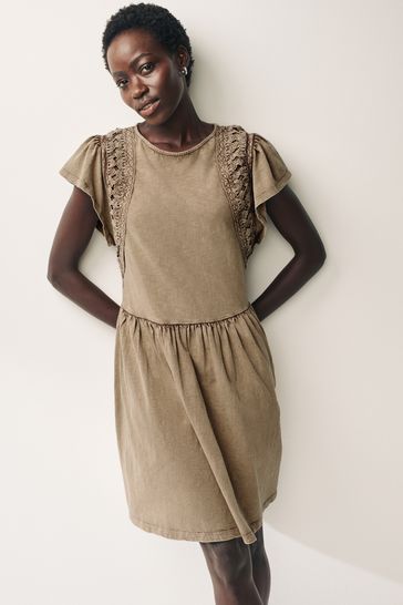 Washed Brown Crochet Trim Short Sleeve Mini Dress