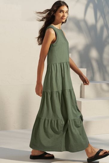 Khaki Green Sleeveless Crew Neck Tiered Summer Maxi Jersey Dress