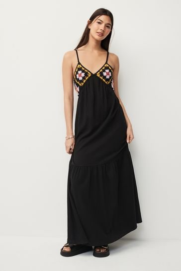 Black/Yellow Crochet Detail Maxi Dress