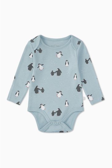 Mori Blue Penguin Organic Cotton Long Sleeve Envelope Neckline Bodysuit