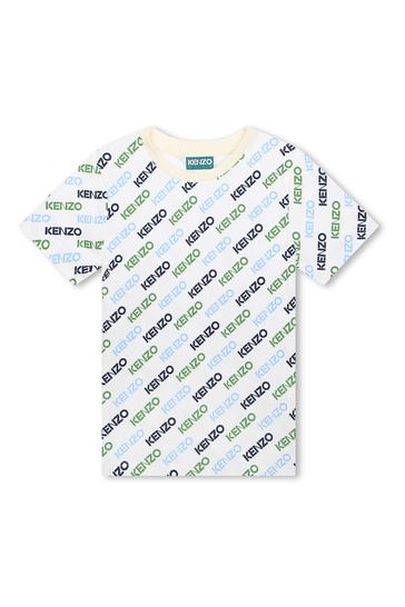 KENZO KIDS Cream All Over Logo Print Short Sleeve T Shirt