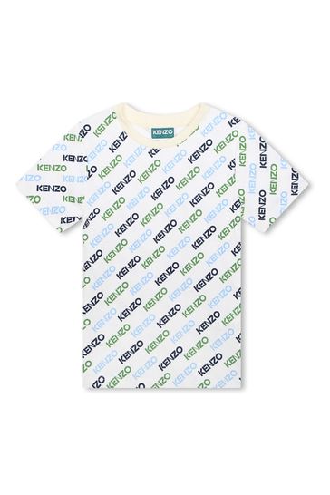 KENZO KIDS Cream All Over Logo Print Short Sleeve T-Shirt