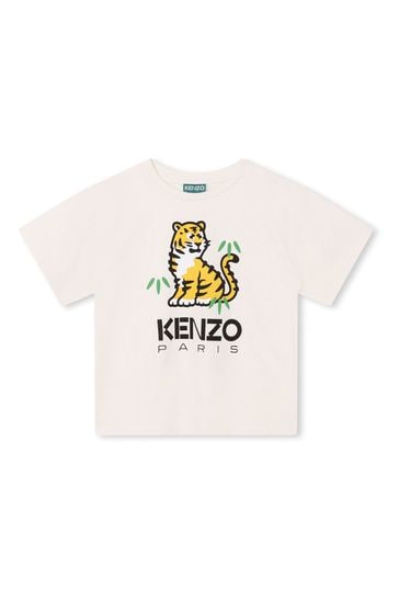 KENZO KIDS Cream Tiger Front & Back Print Short Sleeve Logo T-Shirt