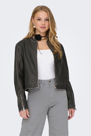 ONLY Black Distressed Faux Fur Leather Bomber Jacket