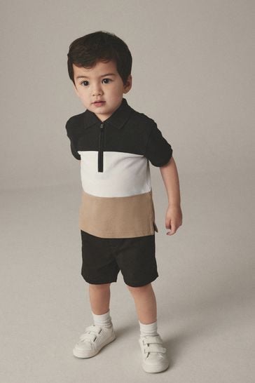 Black/White 2pc Zip Polo Shirt and Shorts Set (3mths-7yrs)
