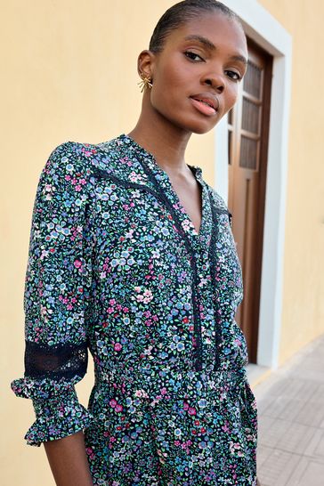 Buy Love Roses Navy Blue Ditsy V Neck Printed Lace Trim Mini