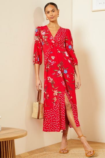Love & Roses Red Patched Floral V Neck Twist Front Long Sleeve Midi Dress