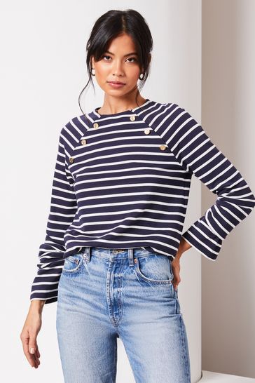 Lipsy Navy/White Round Neck Long Sleeve Button Top
