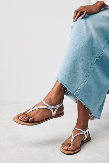 Silver Regular/Wide Fit Forever Comfort® Leather Plait Toe Post Flat Sandals