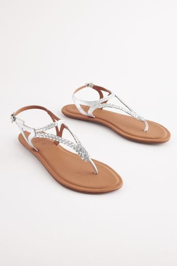 Silver Extra Wide Fit Forever Comfort® Leather Plait Toe Post Flat Sandals