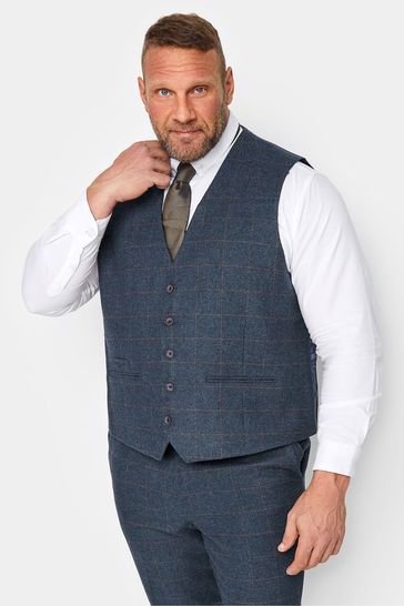 BadRhino Big & Tall Navy Blue Tweed Wool Mix Check Suit Waist Coat