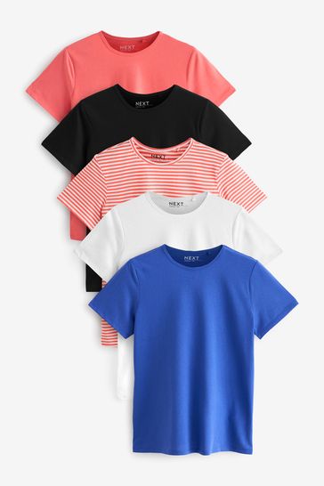 Black/White/Coral/Stripe/Cobalt 5 Pack Crew Neck Cotton Rich T-Shirt