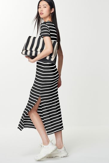 Black/White Ribbed T-Shirt Style Column Maxi Dress With Slit Detail