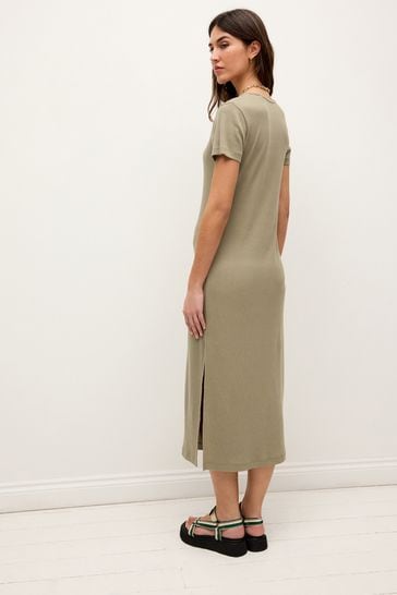 Buy Green Ribbed T Shirt Style Column Maxi Dress With Slit Detail from Next Bahrain
