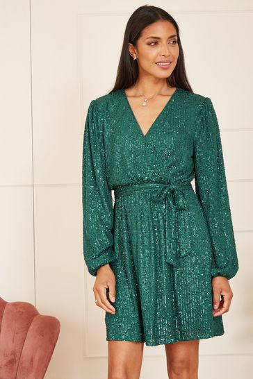 Mela Green Sequin Belted Wrap Long Sleeve Dress