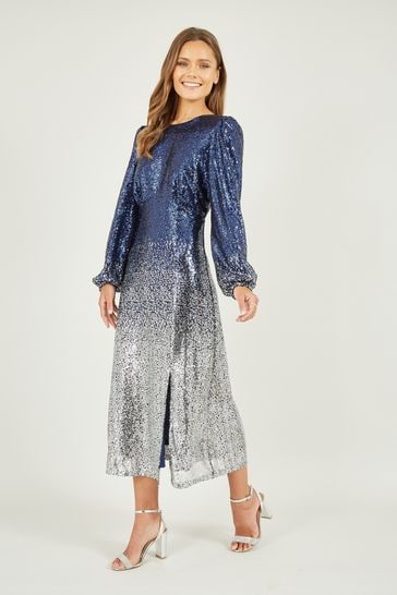 Yumi Blue Sequin Ombre Long Sleeve Midi Dress