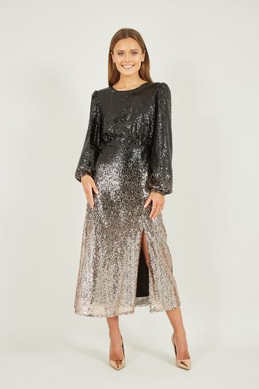 Yumi Black Sequin Ombre Long Sleeve Midi Dress