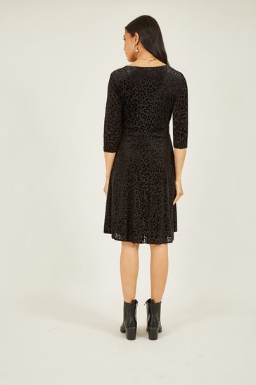 Buy Mela Black Velour Leopard 3 4 Sleeve Wrap Skater Dress from