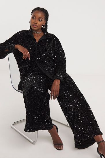 Buy Simply Be Black Sequin Wide Leg Trousers from Next Ireland