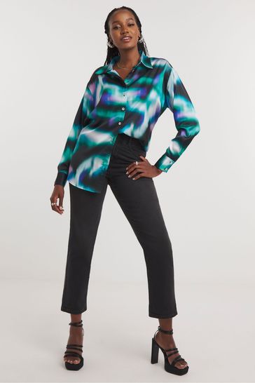 Simply Be Blue abstract Print Relaxed Fit Satin Shirt