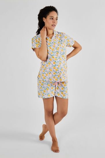 JoJo Maman Bébé Pink Lemon Print Maternity & Nursing Short Pyjamas Set