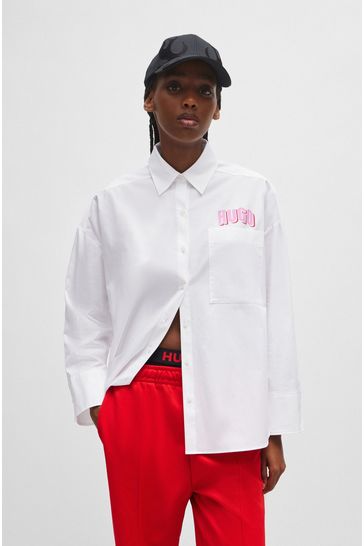 HUGO Oversized Fit White Blouse In Cotton Canvas With Seasonal Logo