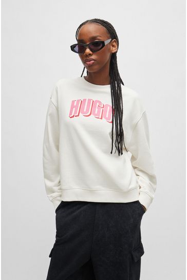 HUGO Oversized Fit Graphic Logo White Sweatshirt