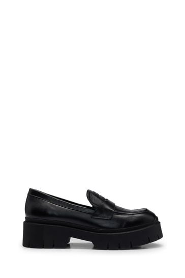HUGO Chunky-Sole Black Loafers in Smooth Leather With Logo Details