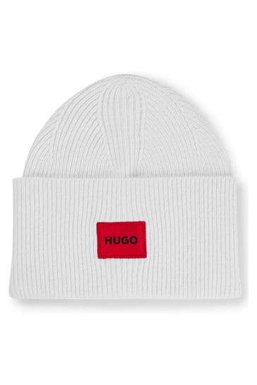 HUGO Logo-Label White Beanie Hat in a Ribbed Wool Blend