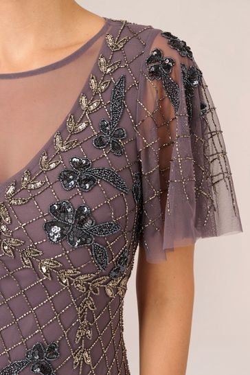 Adrianna Papell Purple Flutter Beaded Ankle Dress