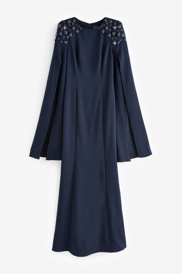 Buy Adrianna Papell Blue Crepe Beaded Cape Sleeve Gown from Next