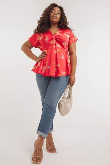 Simply Be Red Floral Twist Front Satin Blouse