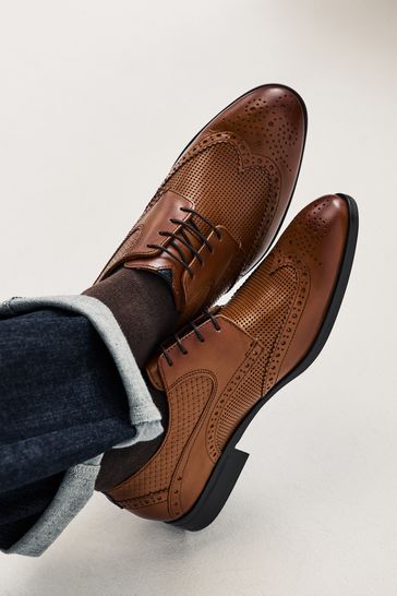 Tan Brown Leather Embossed Wing Cap Brogues Shoes