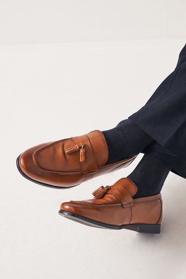 Tan Brown Leather Embossed Tassel Loafers