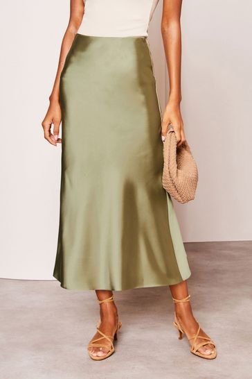 Satin bias cut midi skirt deals khaki