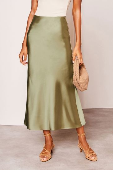 Lipsy Khaki Green Petite Satin Bias Cut Midi Skirt