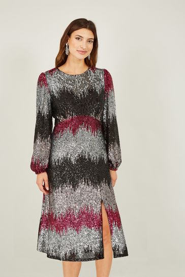 Yumi Natural Sequin Ombre Long Sleeve Midi Dress