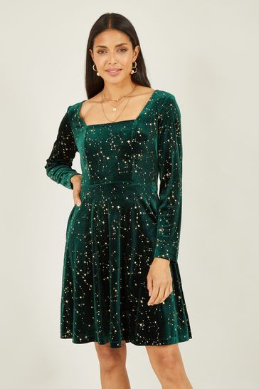 Mela Green Star Foil Print Long Sleeve Skater Dress