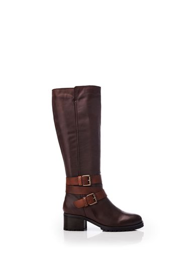 Moda in Pelle 	Brown Hadleigh Buckle Detail Chunky Long Boots