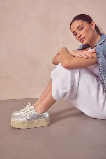 Silver Forever Comfort® Chunky Flatform Espadrille Lace Up Trainers
