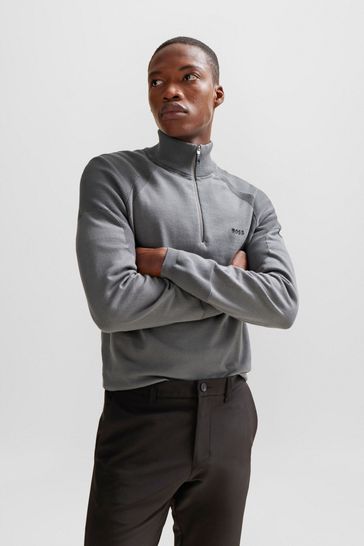 BOSS Grey Zip Neck Jumper