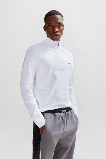 BOSS White Zip Neck Jumper