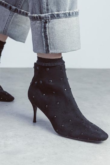 Moda in Pelle Wenoa Sq Toe Kitten Heel Crystal Stone Ankle Black Boots